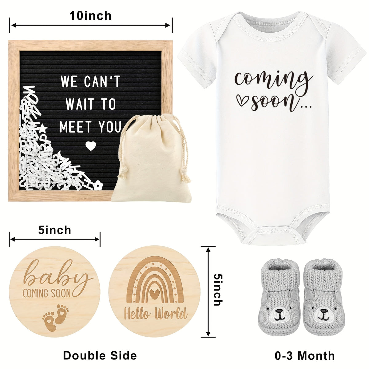 Pregnancy Announcement Kit for Family Reveals, 4-Piece Coming Soon Gift Set with Felt Letter Board, Baby Onesie, Booties and Wooden Sign for Grandparents or Dad