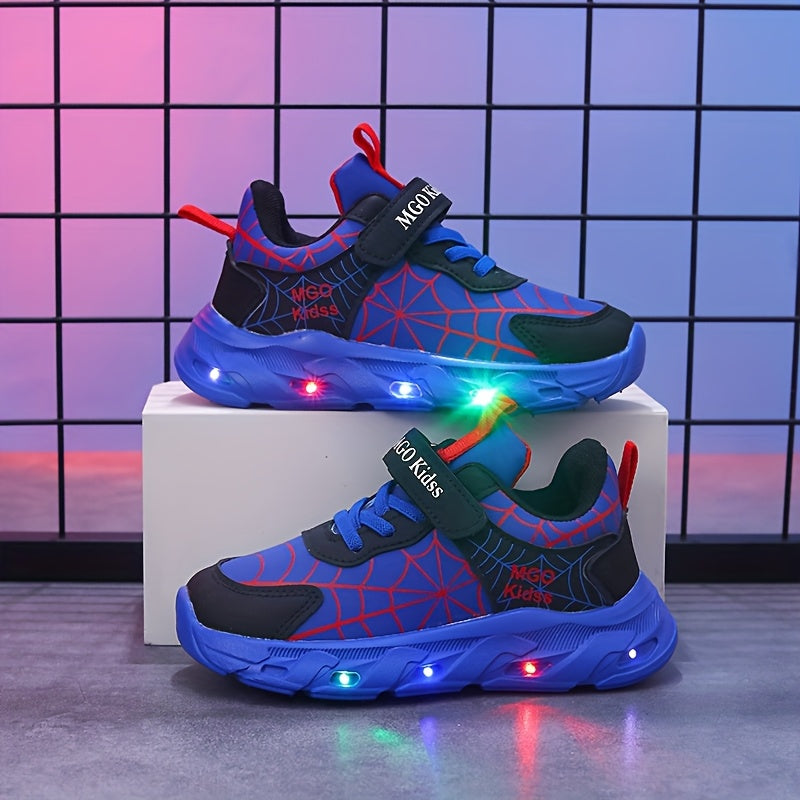 Boys LED Light-Up Mesh Sneakers with Spider-Inspired Design, Red Blue or Black Casual Running Shoes for Toddler, Little Kid and Big Kid Sizes