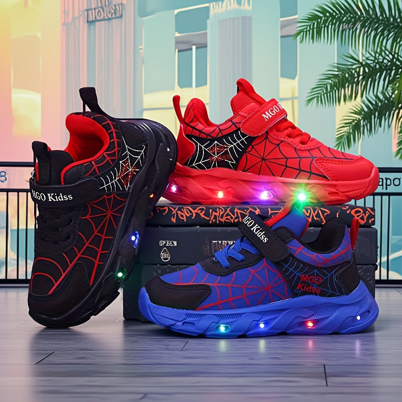 Boys LED Light-Up Mesh Sneakers with Spider-Inspired Design, Red Blue or Black Casual Running Shoes for Toddler, Little Kid and Big Kid Sizes