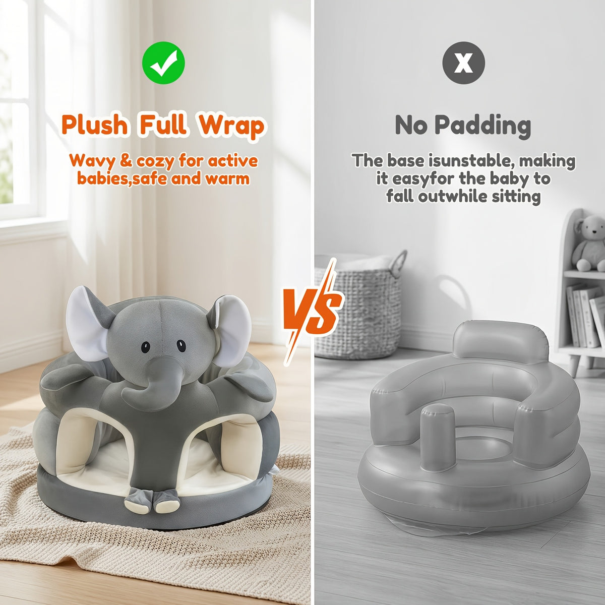 Plush Toddler Floor Seat with Back Support, Cartoon Elephant or Bear Baby Sofa Chair for Supervised Sitting and Play in Nursery or Living Room