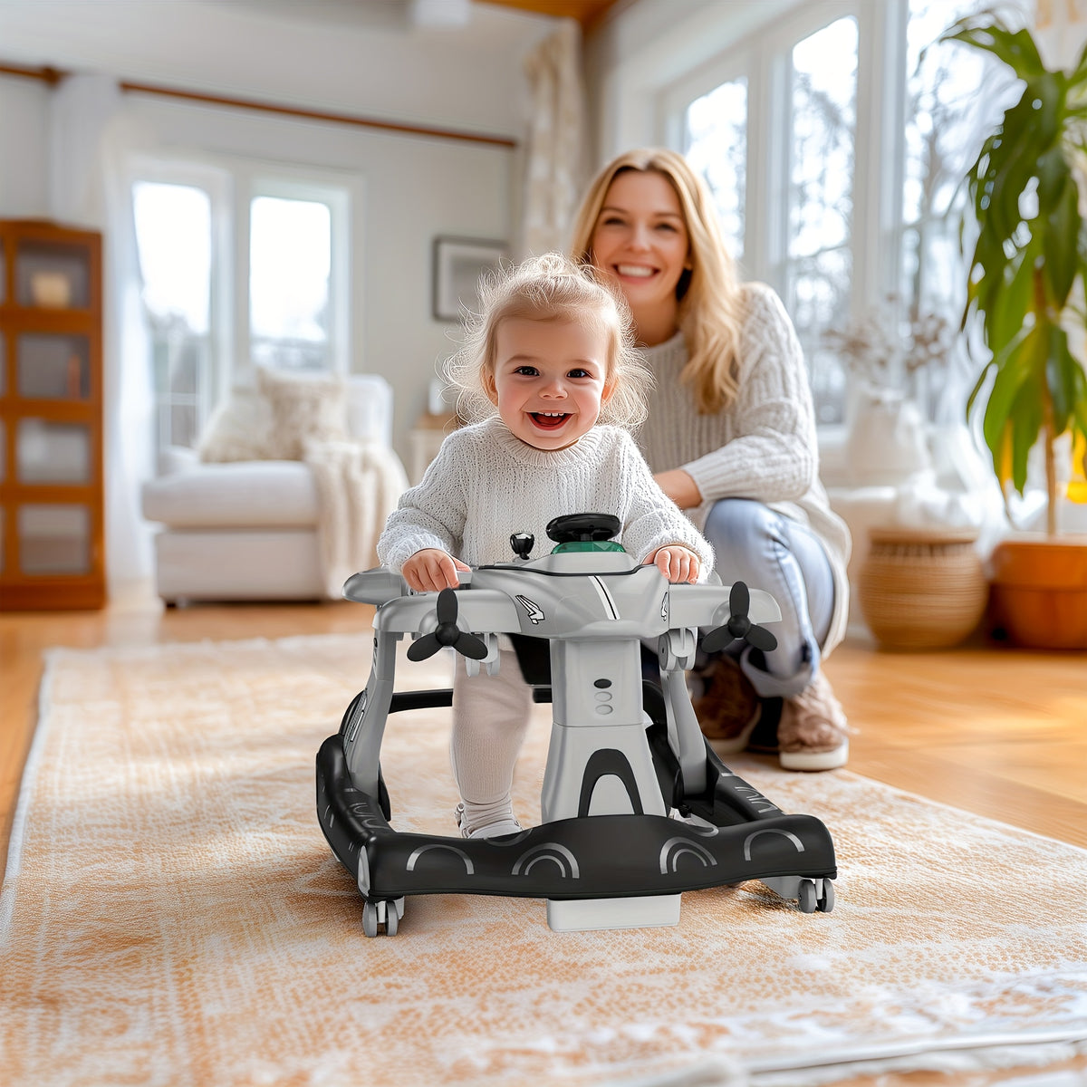 6-in-1 Activity Walker for Babies 6โ18 Months, Foldable Height-Adjustable Walker with Rocker and Jumper Modes, Padded Seat, Lights and Music Tray