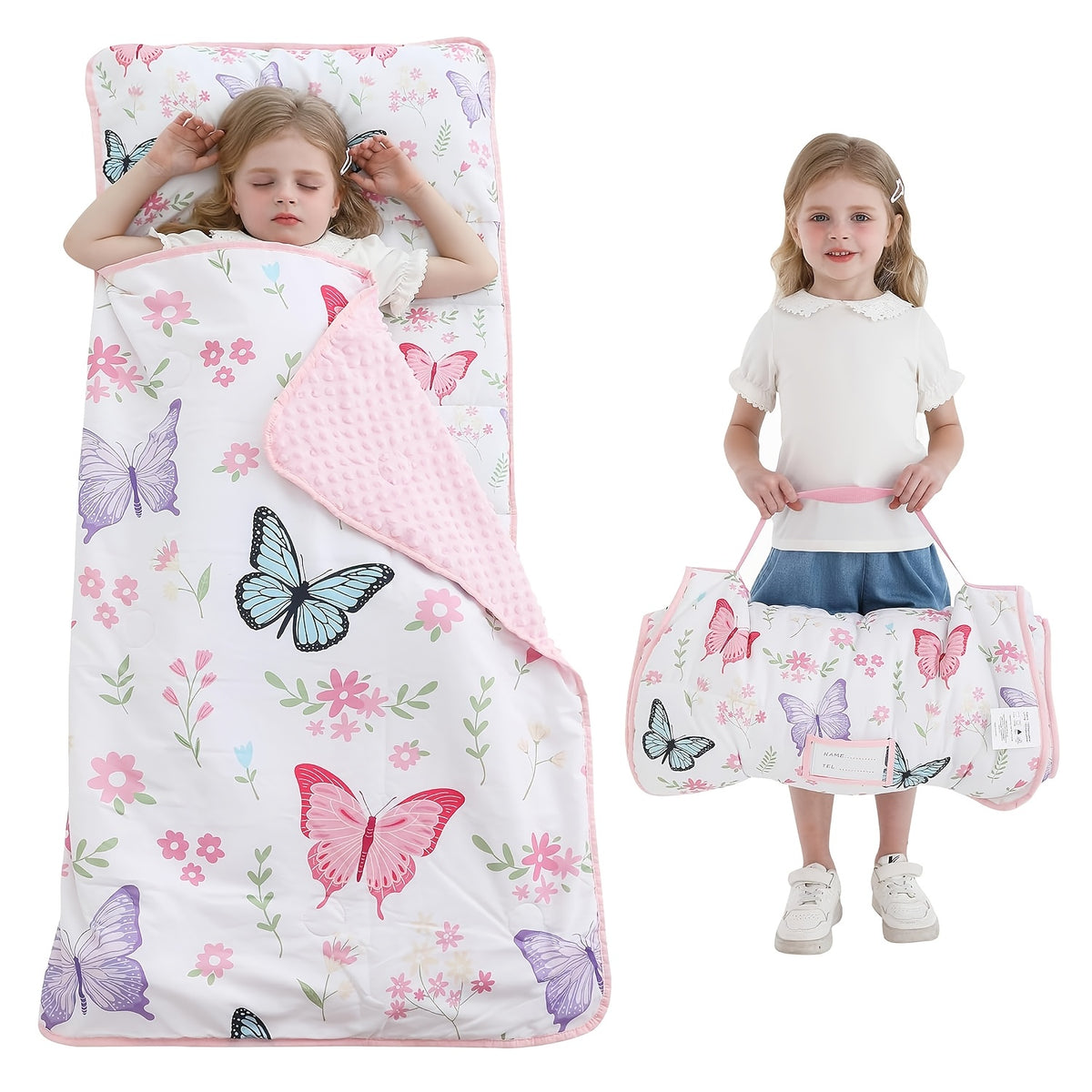 Kids Nap Mat with Pillow and Blanket for Preschool Daycare, Roll-Up Slumber Mat for Boys and Girls, Colorful Prints for Travel and Rest Time