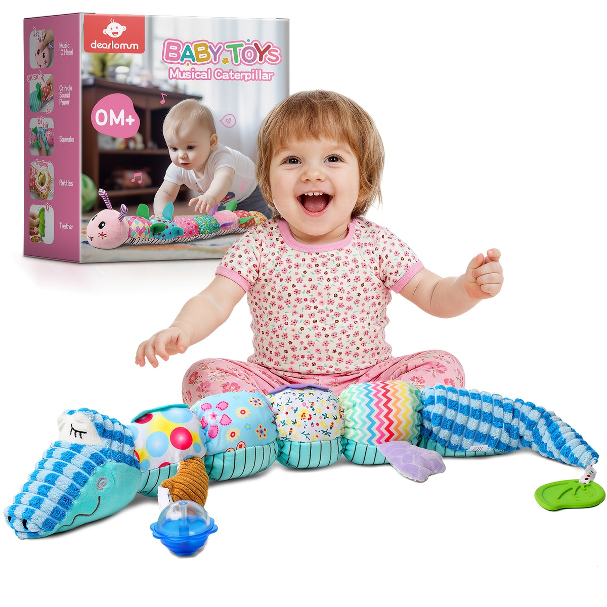 Musical Caterpillar Baby Toy, Plush Sensory Animal with Crinkle Sounds, Rattle and Colorful Textured Segments for Supervised Tummy Time Play