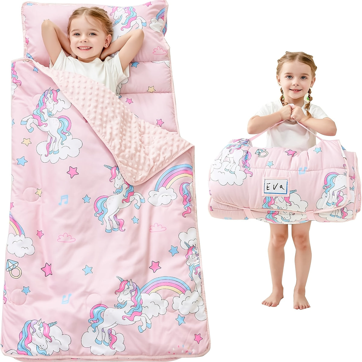 Kids Nap Mat with Pillow and Blanket for Preschool Daycare, Roll-Up Slumber Mat for Boys and Girls, Colorful Prints for Travel and Rest Time