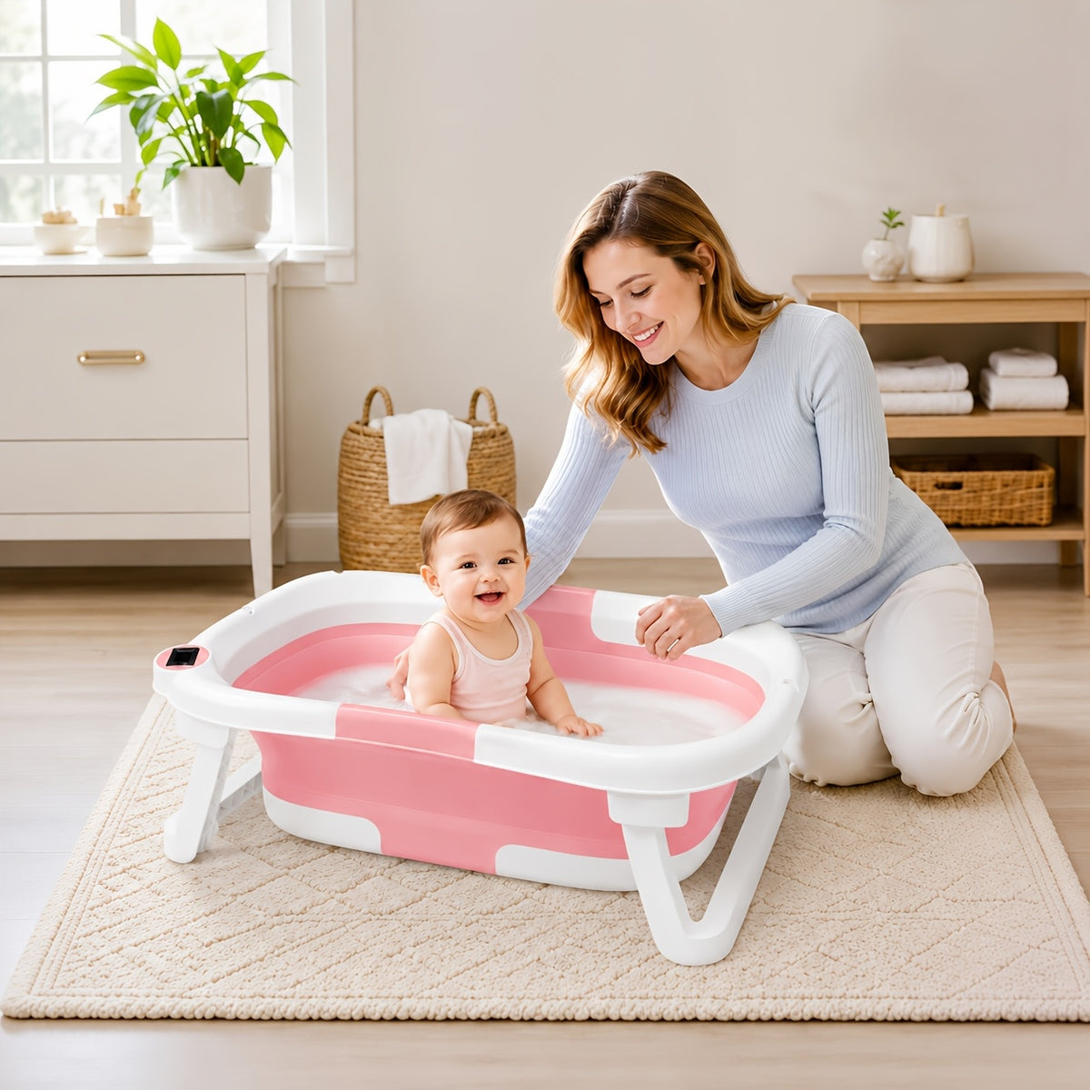 Baby Bathtub with Thermometer and Soft Cushion, Collapsible Infant-to-Toddler Bath Tub for 0 to 36 Months with Easy-Grip Handles in Five Colors