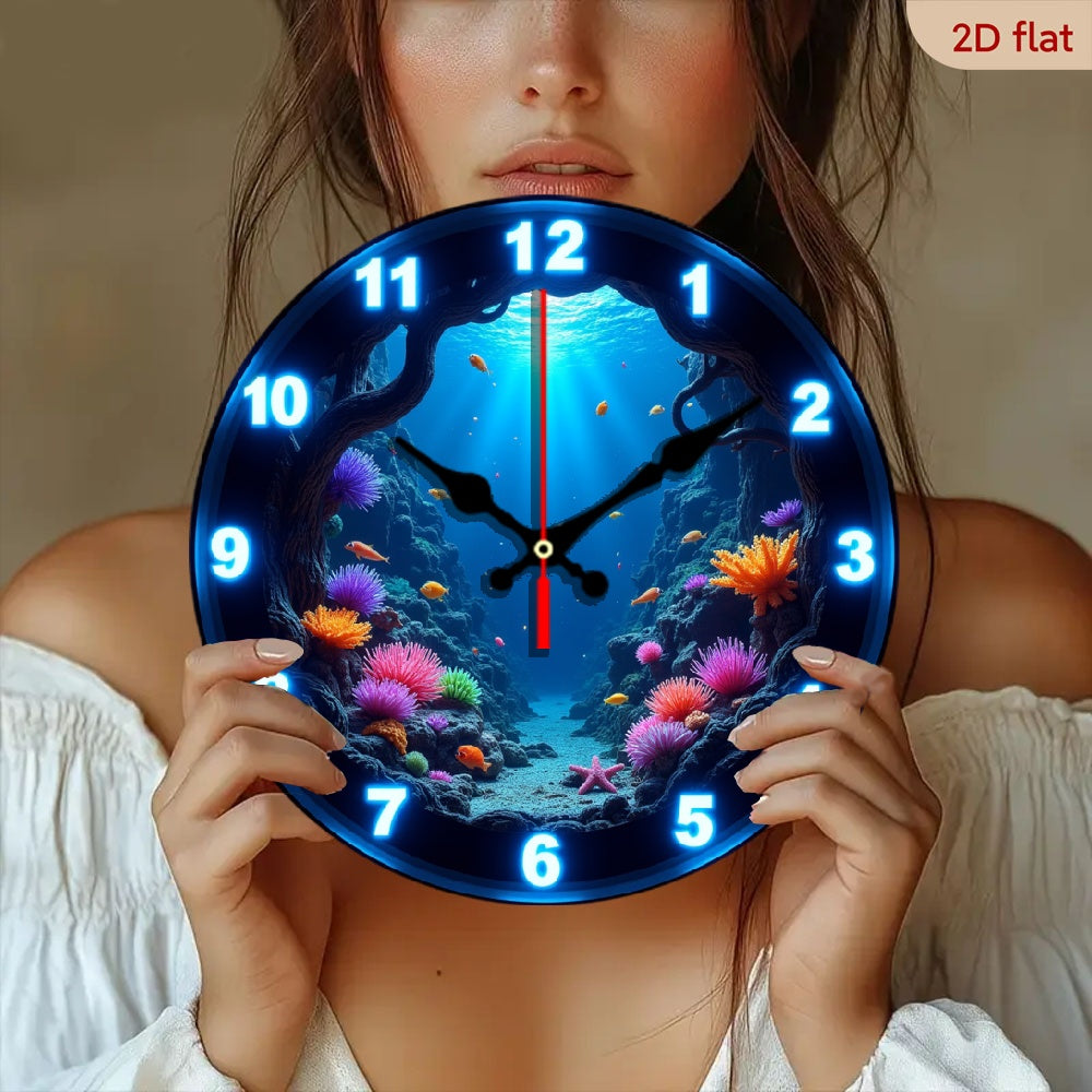 Underwater Nursery Wall Clock 10 Inch with Glow-in-the-Dark Fish and Coral Print, Silent Round 2D Flat Clock for Ocean-Themed Room Decor