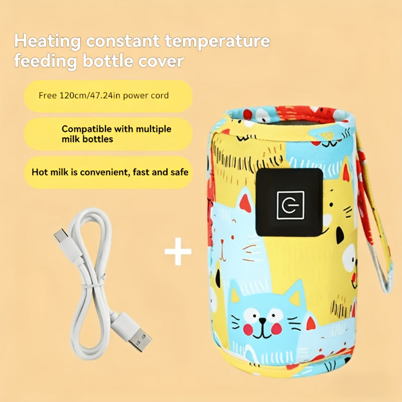 Travel Bottle Warming Cover with 3 Temperature Settings, USB-Powered Portable Baby Milk Warmer Sleeve with Colorful Cat Prints