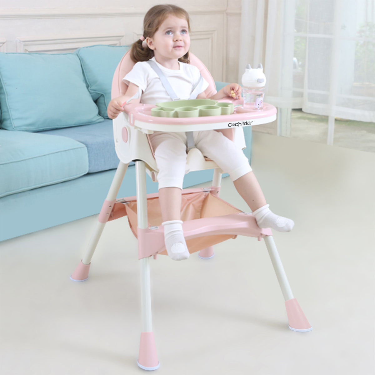 Adjustable Baby Dining Chair with Tray, Convertible Folding High Chair with Multi-Position Backrest and 5-Point Harness for Home Meals and Outings