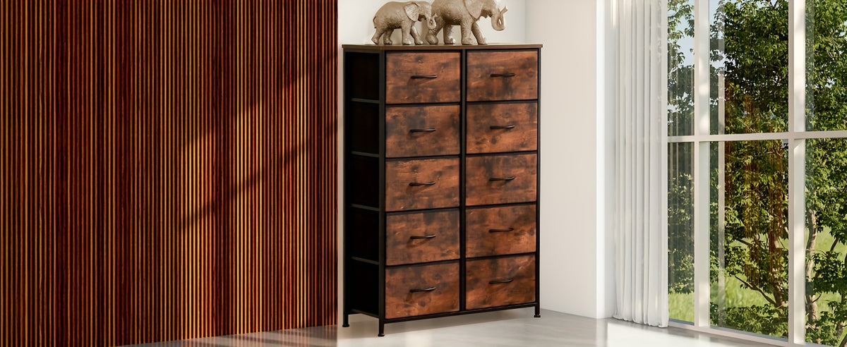 Fabric Drawer Dresser for Bedroom Storage with Metal Frame and Wood Tabletop, 9 or 10 Drawer Closet Organizer Tower for Clothes, Living Room or Entryway