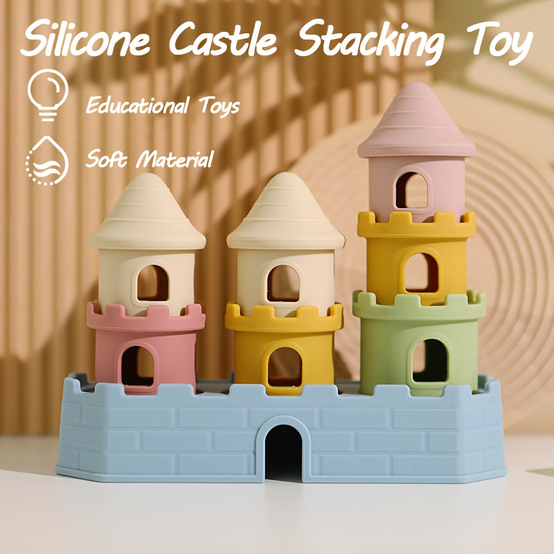 Silicone Castle Stacking Toy with Pastel Building Pieces, Soft Stacking and Nesting Set for Color and Shape Exploration and Supervised Play