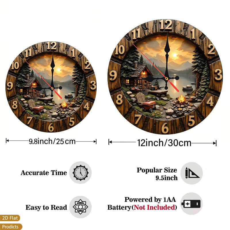 Mountain Cabin Campfire Nursery Wall Clock, Silent Non-Ticking Battery-Powered Decor for Baby Room, Bedroom, Kitchen or Living Room