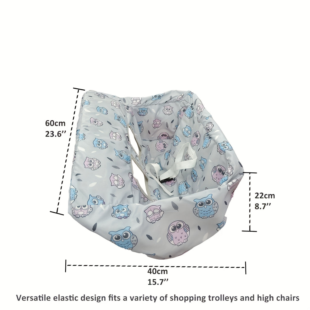 Padded Baby High Chair and Shopping Cart Seat Cover, Machine-Washable Portable Cushion with Attached Storage Bag in Grey Flower or Blue Owl