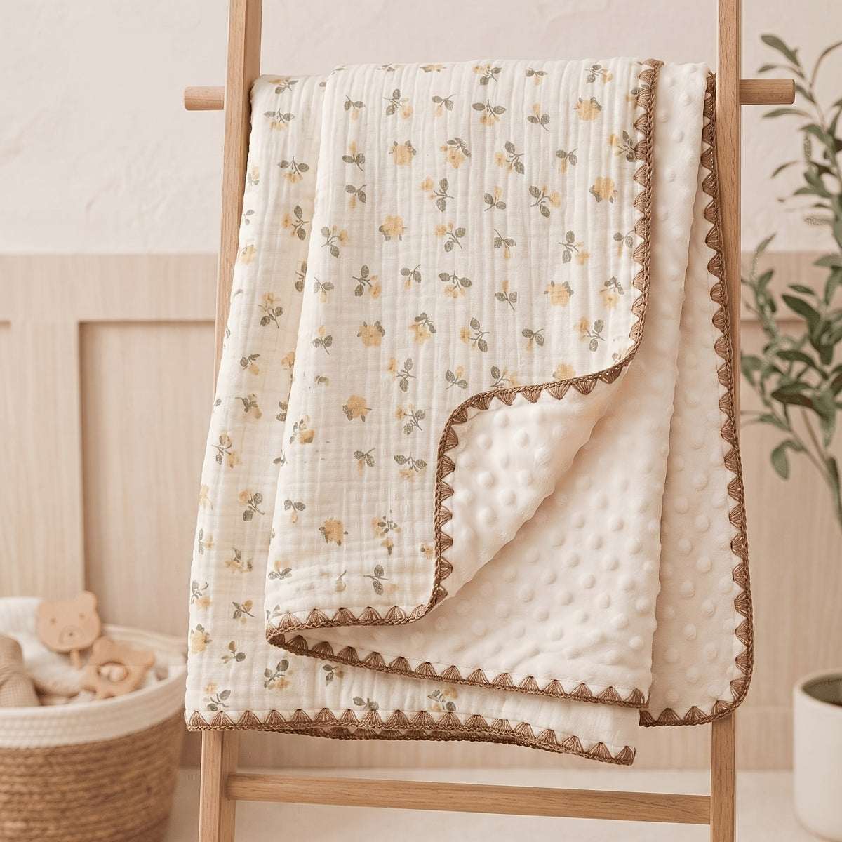 Double-Layer Baby Blanket with Cotton Gauze and Minky Dot Backing, 39.37 x 39.37 Inch Newborn Wrap in Bear, Rabbit and Dinosaur Prints