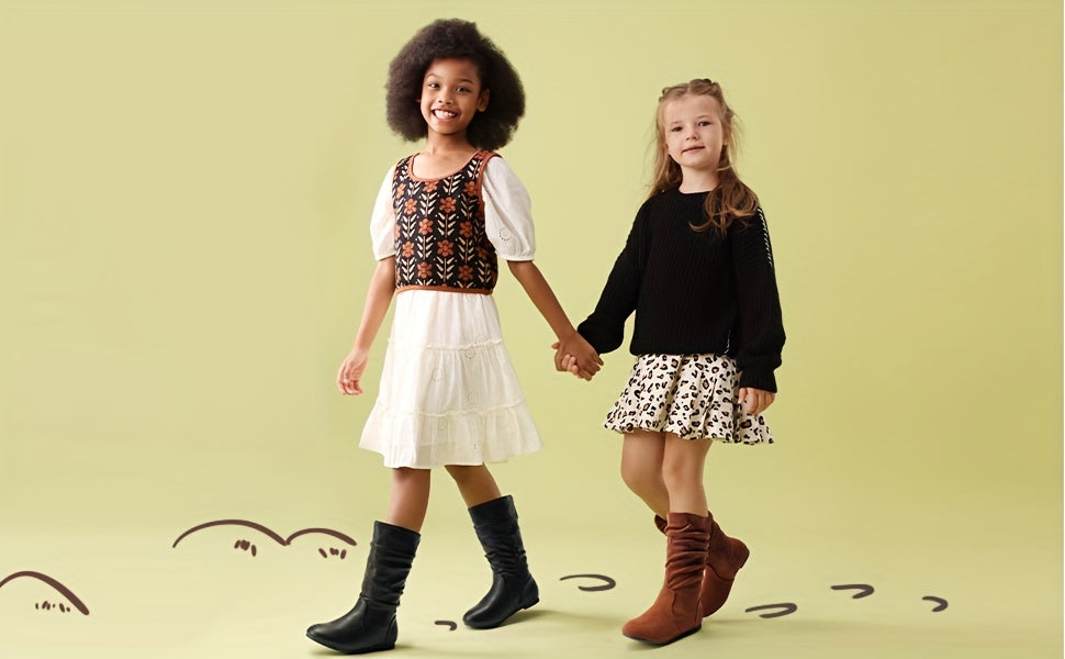 Kids' Winter Boots with Faux Fur Lining, Knee-High Side-Zip Fashion Boots with Elastic Gore for Toddler, Little Kid & Big Kid, Black & Brown
