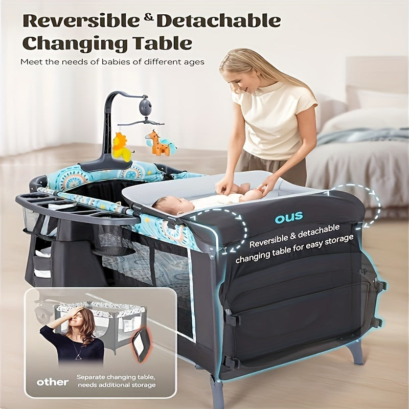 5-in-1 Pack and Play Baby Crib with Detachable Changing Table, Includes Mattress, Storage, Music, and 3 Adjustable Heights, Portable Large Playard for Newborn Baby, Supports Up to 19 Pounds