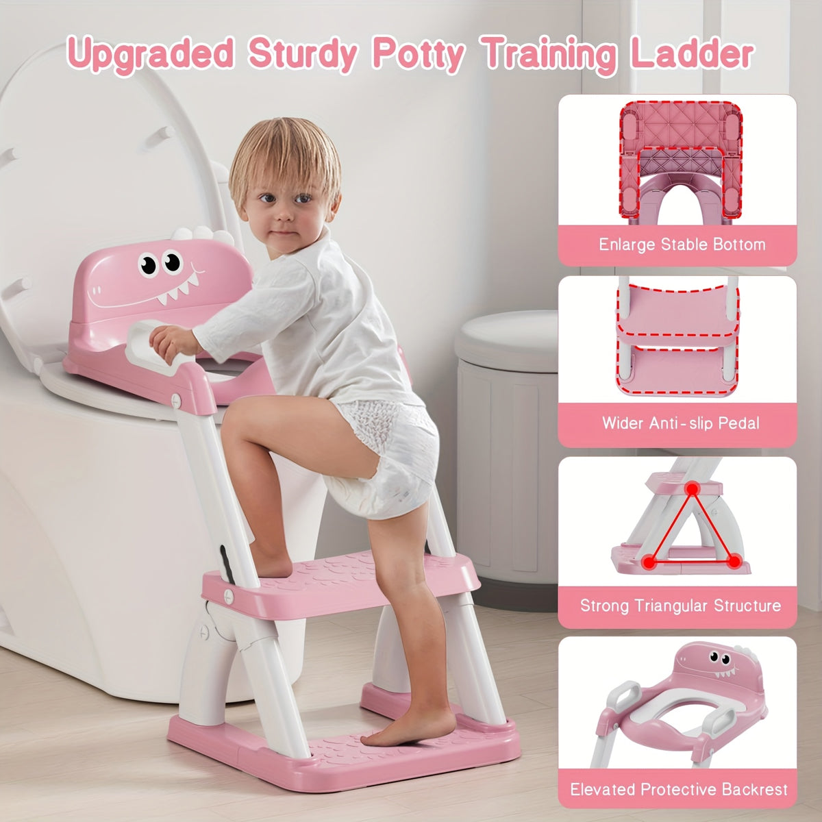 Dinosaur Potty Training Seat with Step Stool, 2-in-1 Toddler Toilet Seat with Detachable Triangular Base, Splash Guard and Non-Slip Mat, Color Options