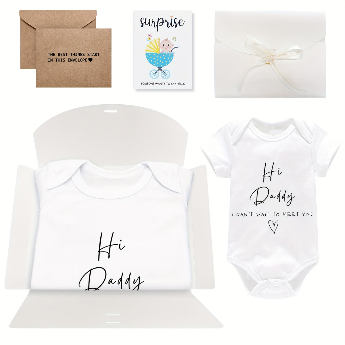 Baby Bodysuit Pregnancy Announcement Set for Husband, 3-Piece Gender-Neutral Outfit Reveal Gift with Message Cards for Dad-to-Be Surprise and Baby Shower Photos