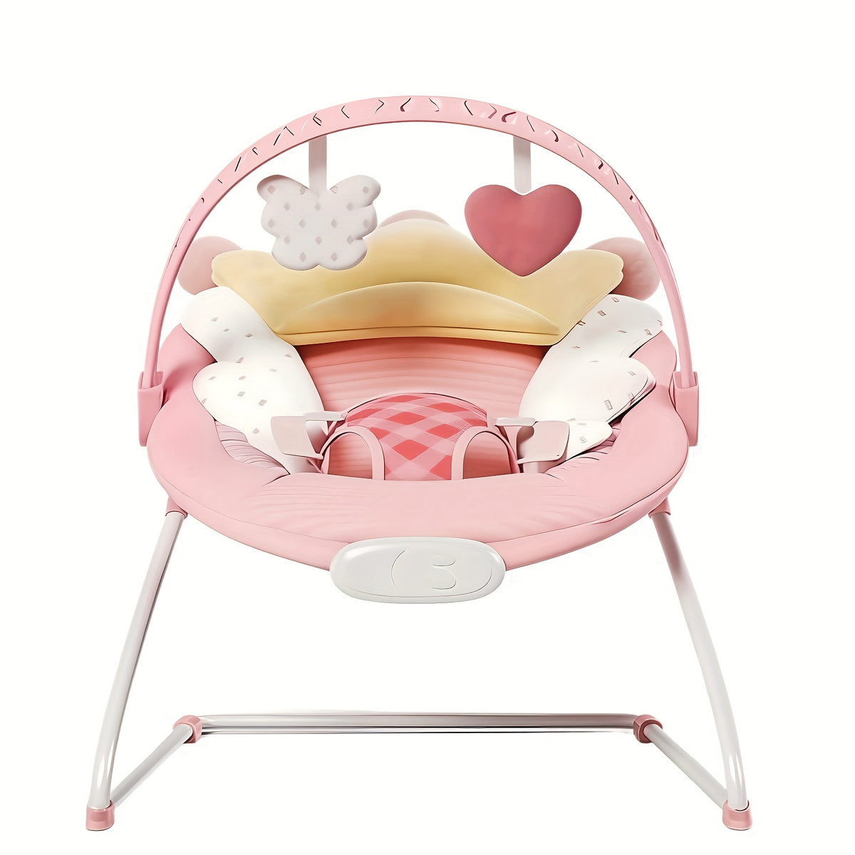 Foldable Infant Bouncer Seat with Hanging Toy Arch, Pink Crown or Green Crocodile Design for Supervised Awake Play, Listed Up to 20 lbs