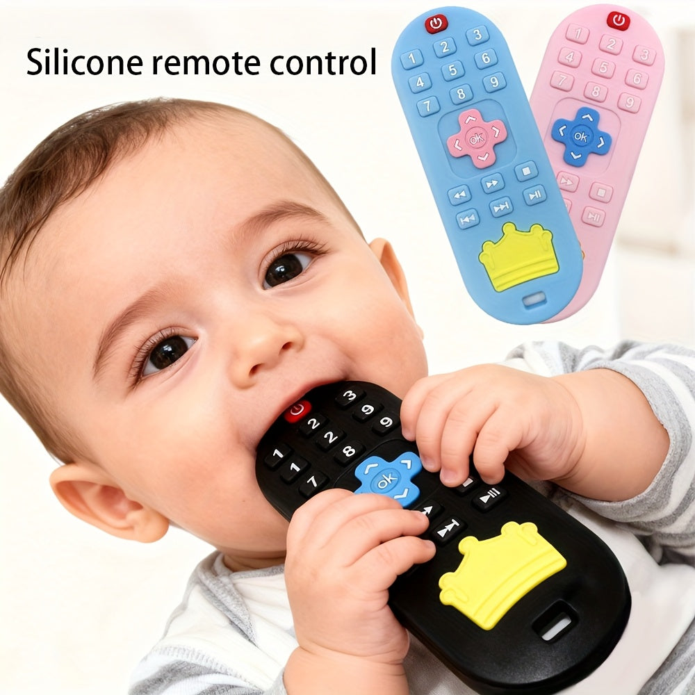 Remote Control Baby Teether in Silicone with Crown Design and Raised Button Textures, Black, Blue or Pink Teething Gift for Babies