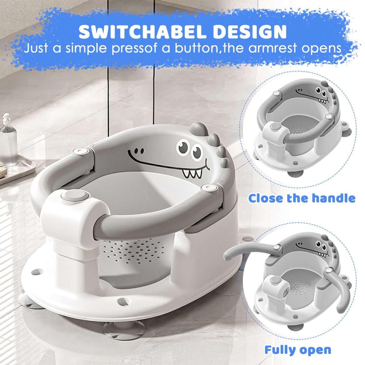 Dinosaur Infant Bath Chair with Soft Cushion and Suction Cups, Non-Slip Baby Bath Seat for Independently Sitting Babies 6 Months and Up with Adult Supervision