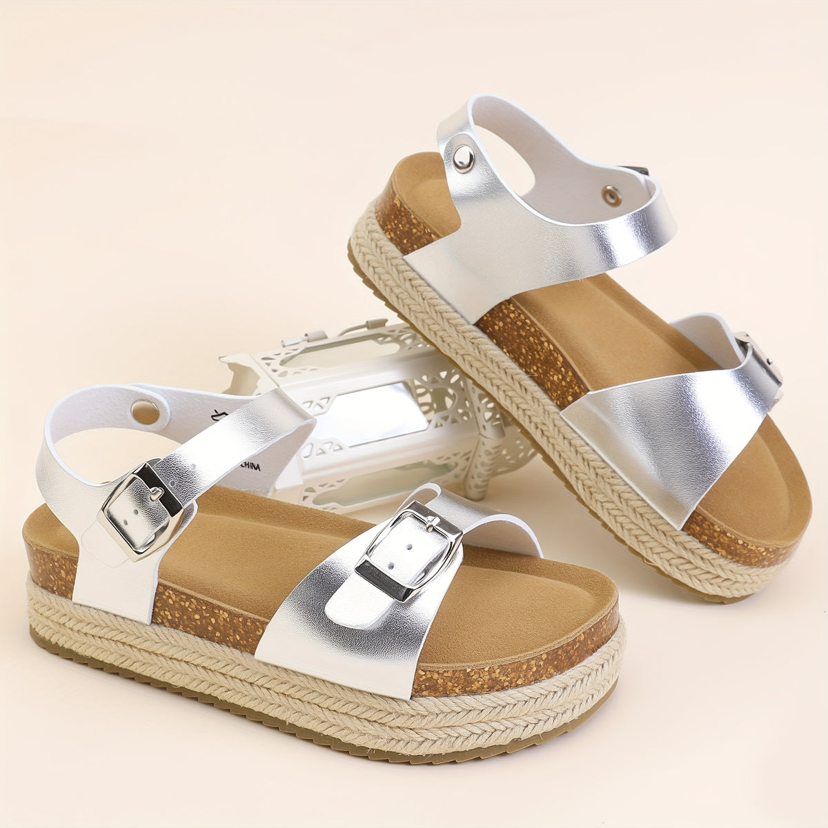 Kids Cork-Style Beach Sandals with Buckle, Lightweight Slip-On Summer Shoes in White, Black or Silvery Grey for Little Kids and Big Kids