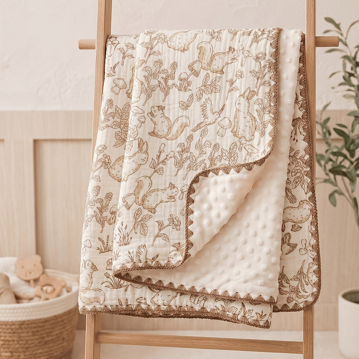 Double-Layer Baby Blanket with Cotton Gauze and Minky Dot Backing, 39.37 x 39.37 Inch Newborn Wrap in Bear, Rabbit and Dinosaur Prints