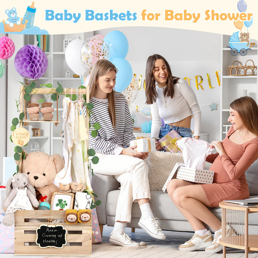 Wooden Baby Shower Gift Crate with Handle, Large 4-in-1 Assembly Basket for Pregnancy and New Parent Gift Displays and Keepsake Storage