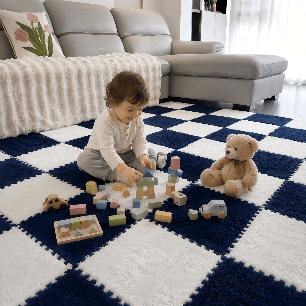 Interlocking Foam Puzzle Floor Mat Set, 20 Soft Plush Baby Tiles with 20 Edge Trims for Crawling, Nursery Play Areas, Bedrooms and Living Rooms
