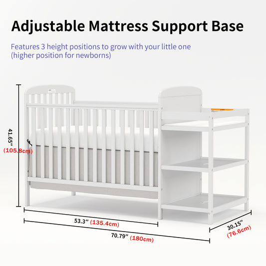 Baby Crib with Changing Table, Goldzone 4-in-1 Convertible Wooden Nursery Crib with Four Mattress Heights, Two Storage Shelves and Toddler Bed Conversion, White
