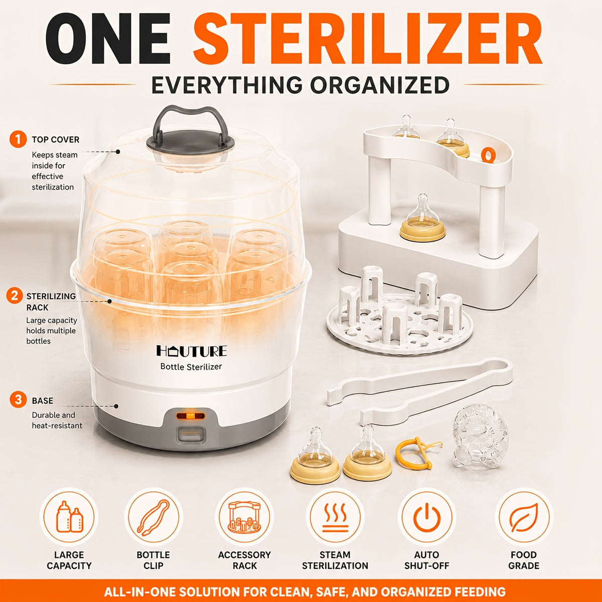 One-Button Baby Bottle Steam Sterilizer, BPA-Free White Countertop Sanitizer with Accessory Rack and Auto Shut-Off for Compatible Feeding Parts