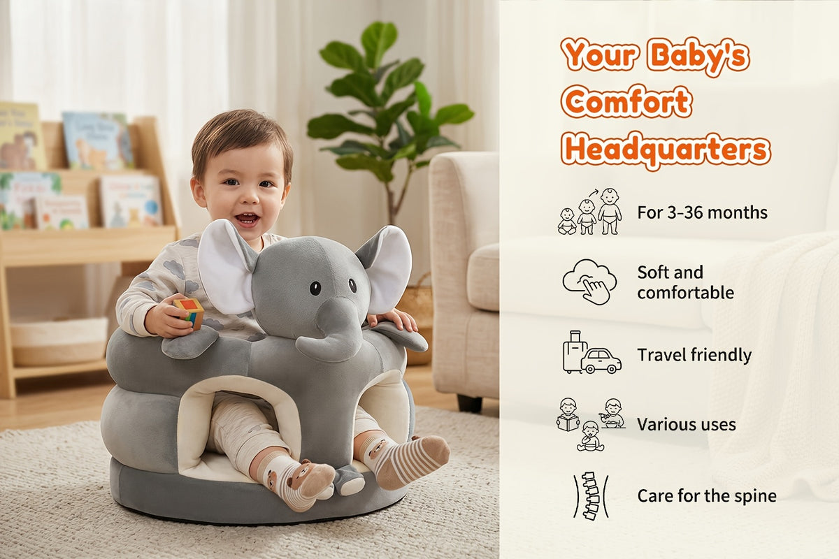 Plush Toddler Floor Seat with Back Support, Cartoon Elephant or Bear Baby Sofa Chair for Supervised Sitting and Play in Nursery or Living Room