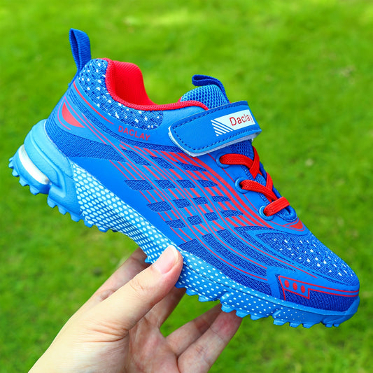 Boys Hook-and-Loop Sneakers in Blue, Breathable Low-Top Sport-Style Shoes with Geometric Pattern for Little Kid and Big Kid Casual Outings