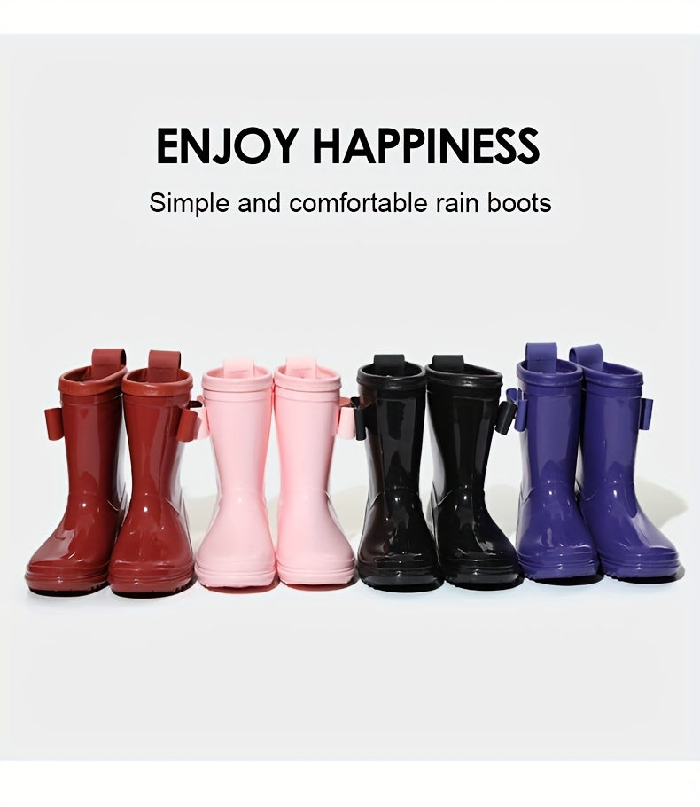 Girls Bow Rain Boots with Pull Tabs, Lightweight One-Piece Molded Toddler and Little Kid Boots in Pink, Burgundy, Dark Violet or Black for Rainy-Day Outings