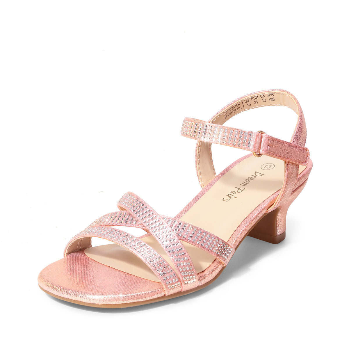 Floral Girls Low Heel Sandals with Open Toe Design, Dress Shoes for Little and Big Kids in Gold, Rose Gold, Silver or White for Weddings and Parties