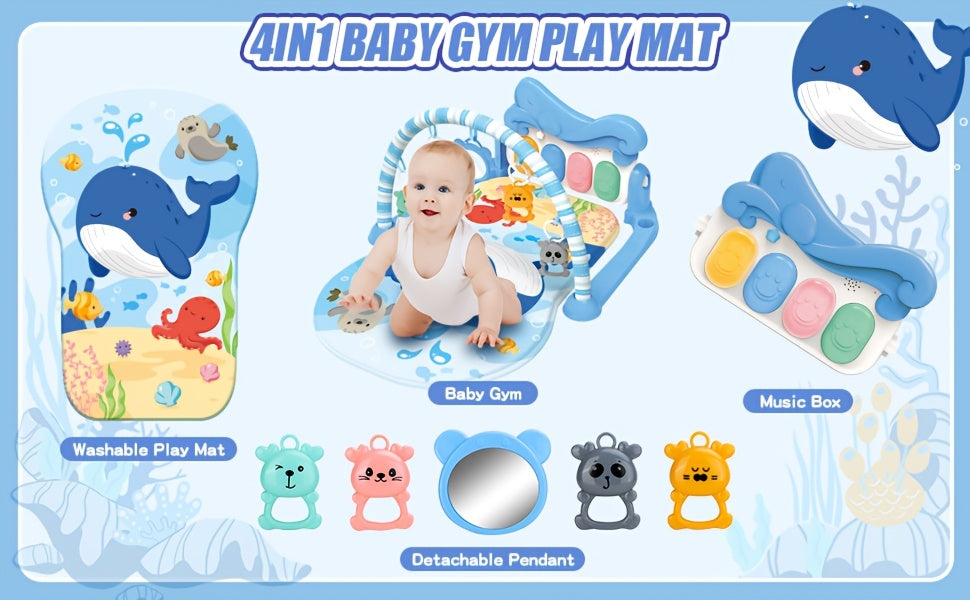 Kick and Play Piano Baby Activity Mat in Blue with Light-Up Keys, 4 Detachable Sensory Toys and Mirror for Newborn Tummy Time and Floor Play