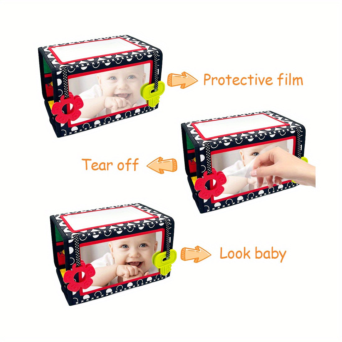 Tummy Time Baby Mirror with Teethers, Double-Sided High-Contrast Animal and Geometric Activity Toy for Supervised Sensory Floor Play