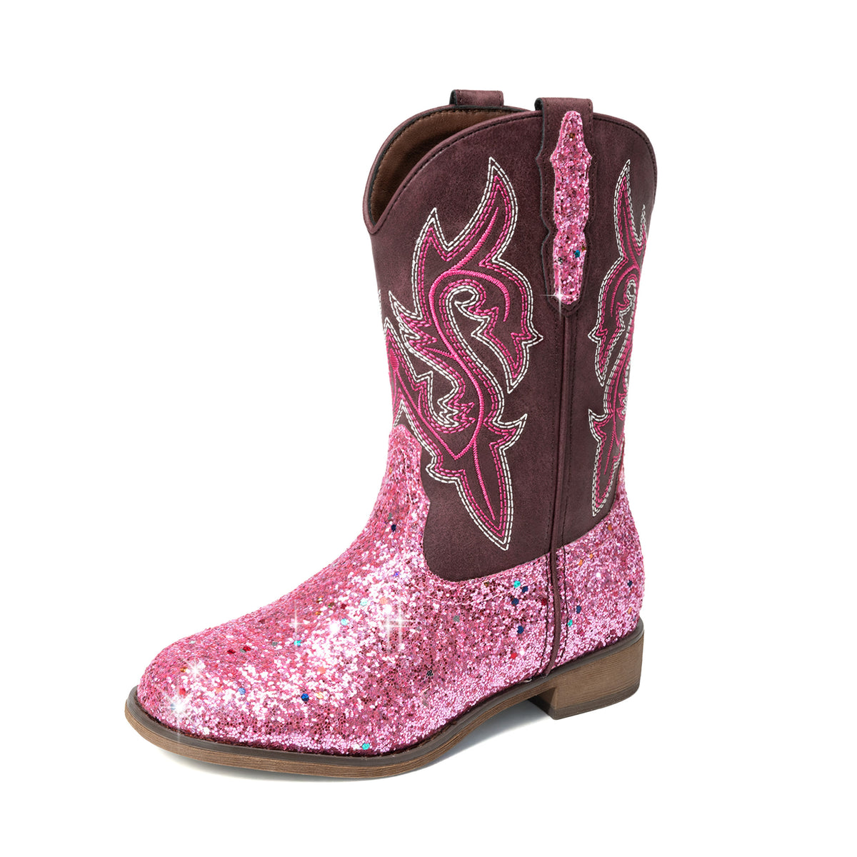 Kids Glitter Cowgirl Boots, Sparkly Western Mid-Calf Pull-On Shoes with Embroidered PU Upper, Round Toe and Easy-Grip Tabs for Girls’ Dance, Dress-Up, Parties & Everyday Play
