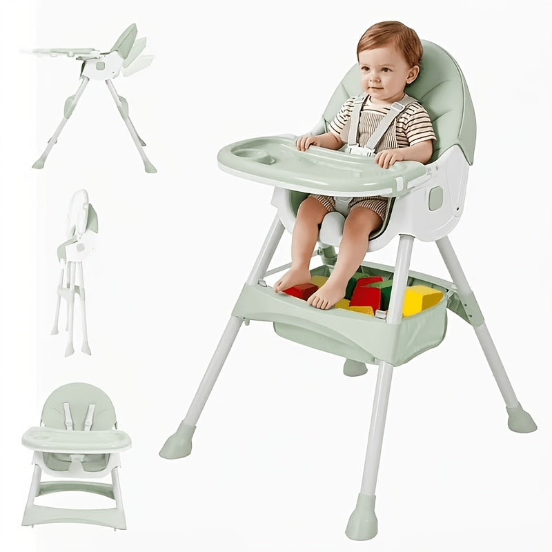 7-in-1 Convertible High Chair by Aprpink, Adjustable Folding Baby Feeding Seat with Dual-Layer Tray, Wipeable PU Cushion and 5-Point Harness