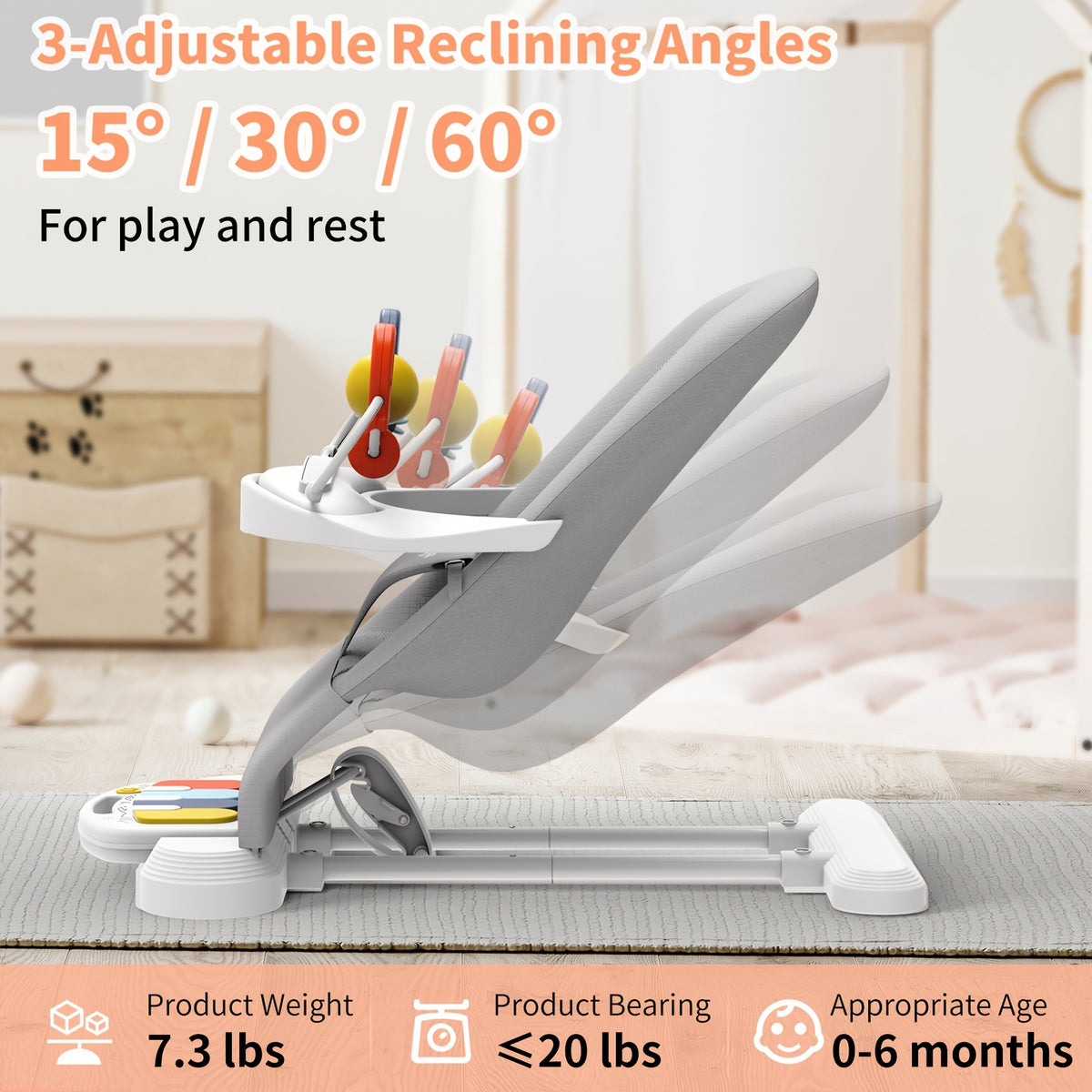Piano Baby Bouncer and Rocker, 3-in-1 Portable Seat with Detachable Keyboard, Feeding Tray, Play Bar and Three Adjustable Incline Positions