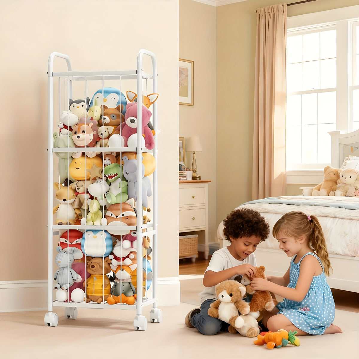 Stuffed Animal Zoo Storage Organizer with Braked Wheels, Extra-Large Metal Plush Toy Holder for Nursery, Kids Bedroom and Playroom, White