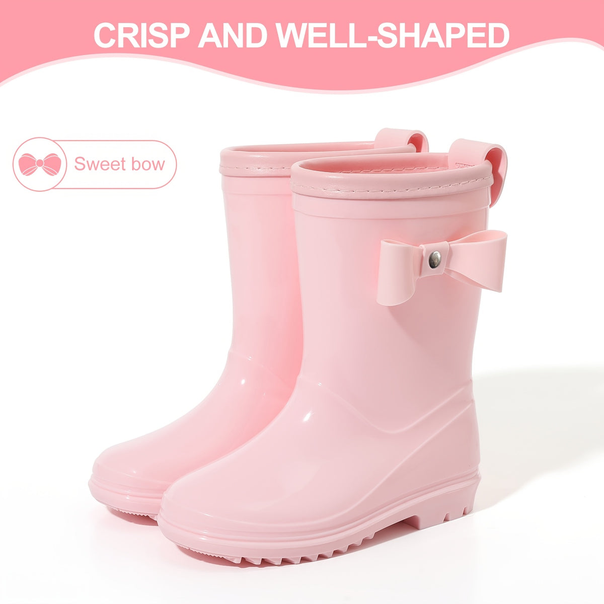 Girls Bow Rain Boots with Pull Tabs, Lightweight One-Piece Molded Toddler and Little Kid Boots in Pink, Burgundy, Dark Violet or Black for Rainy-Day Outings