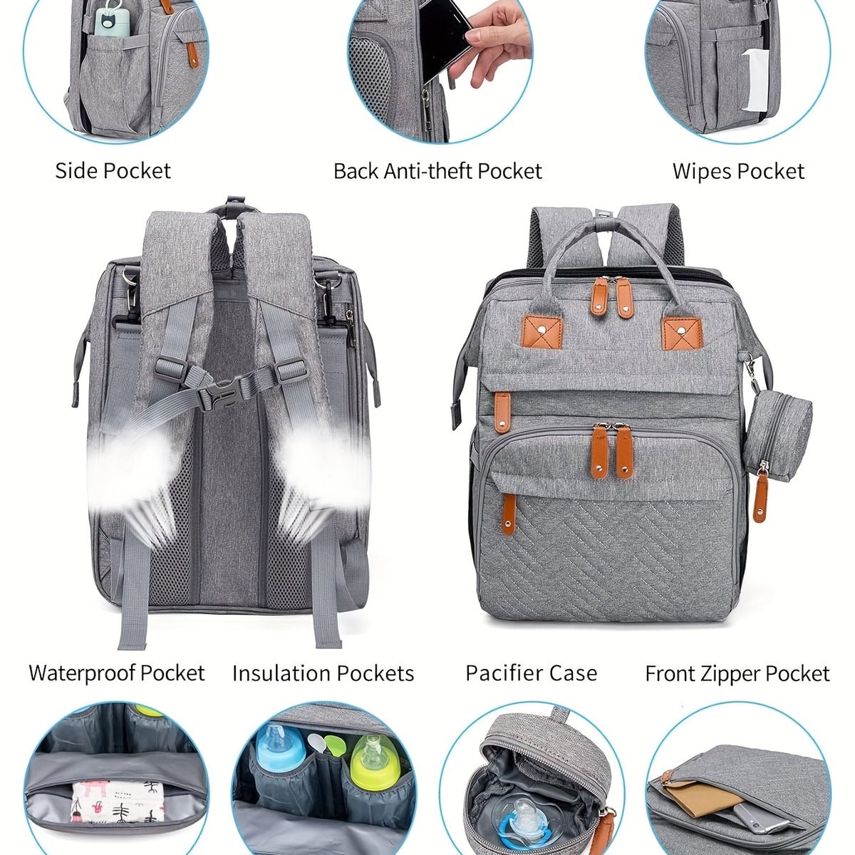 Heather Grey Diaper Backpack, Multifunctional Large Capacity Diaper Bag for Baby Care ā Spacious Nappy Backpack, Practical Baby Shower Gift for New Parents, Everyday Diaper Bag Essentials