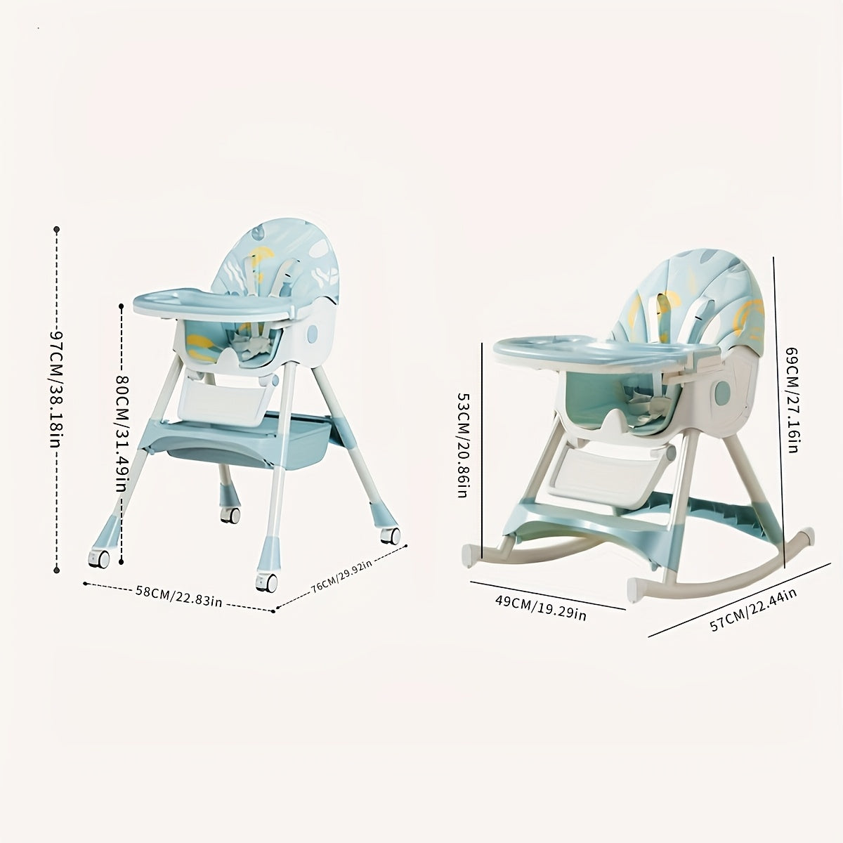 Convertible Baby Feeding Chair with Tray, Adjustable Folding High Chair with Padded Seat and Rocking Configuration for Home Mealtimes