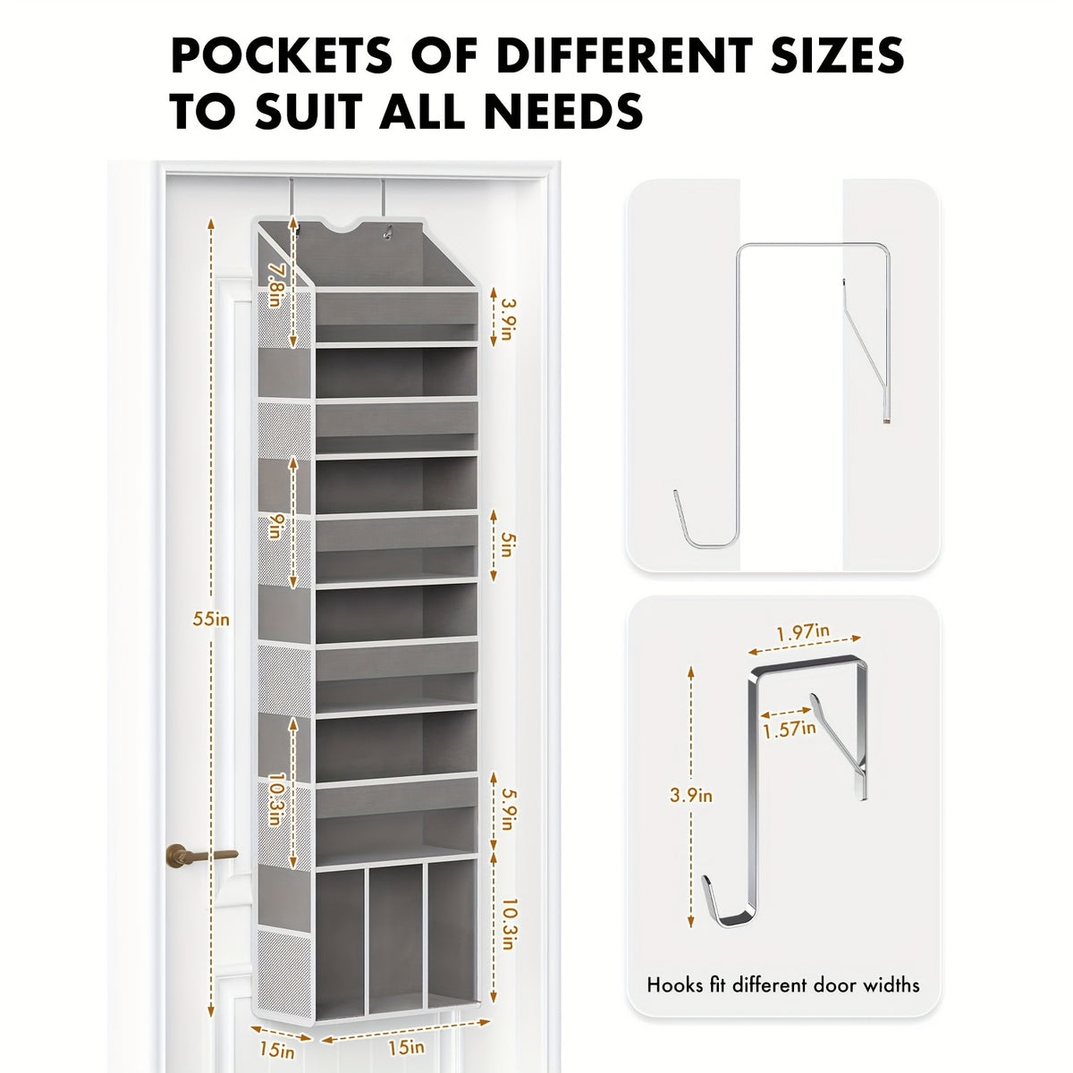 18-Pocket Hanging Door Organizer for Nursery Storage, 6-Shelf Swing-Proof Over Door Organizer, Clear Front and Side Pockets, Holds Up to 50LB, No-Drill Closet Bedroom Bathroom Storage