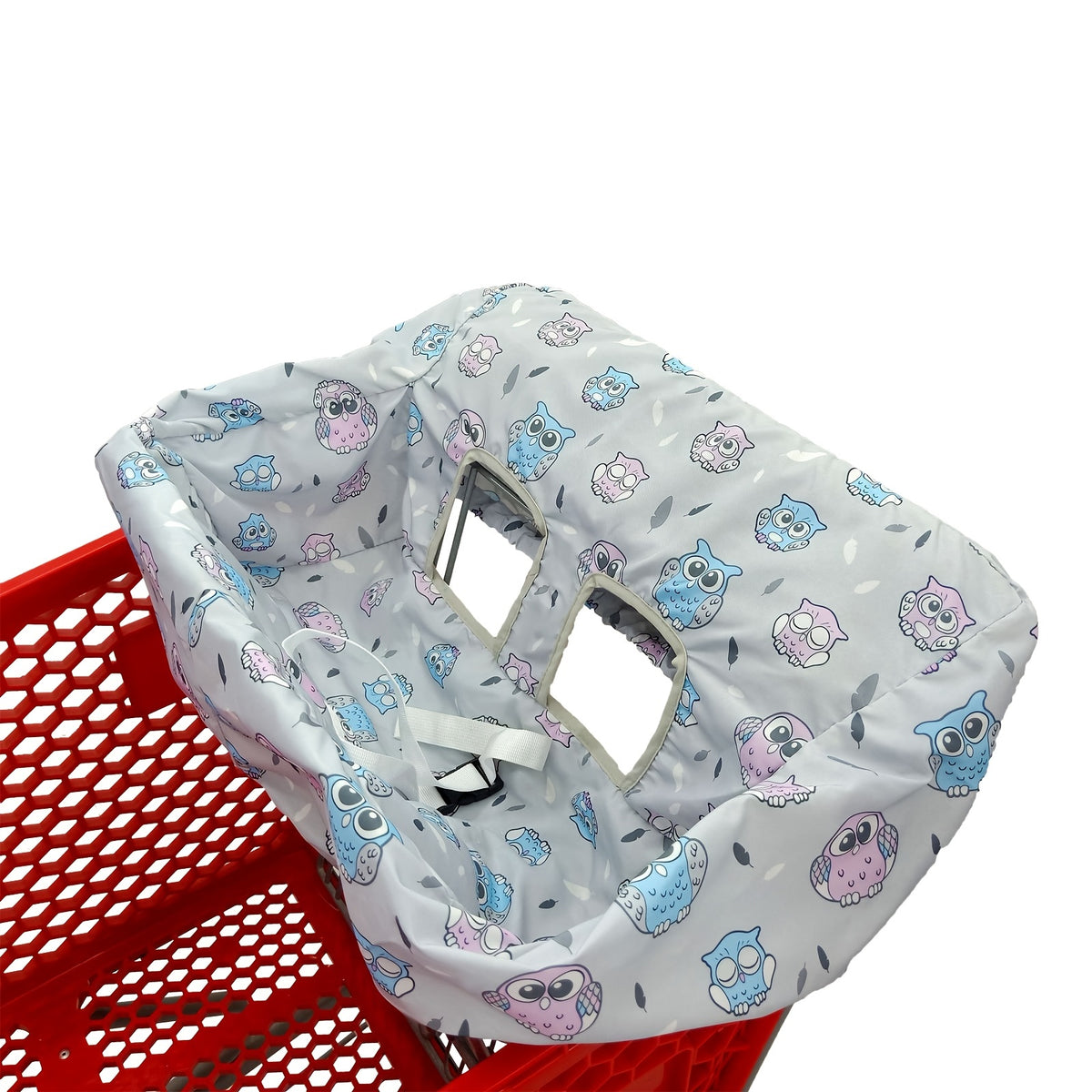 Padded Baby High Chair and Shopping Cart Seat Cover, Machine-Washable Portable Cushion with Attached Storage Bag in Grey Flower or Blue Owl