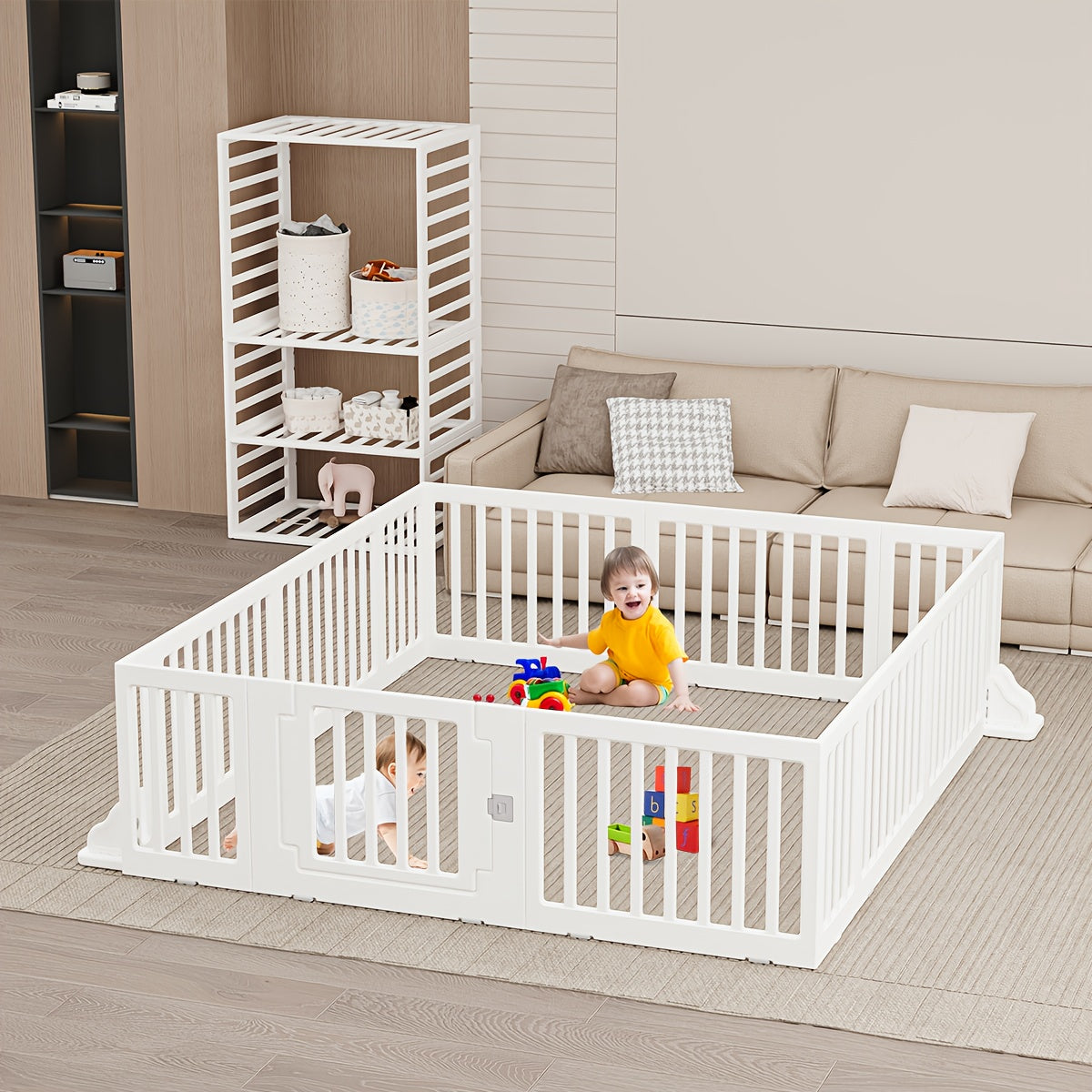 Modular Baby Playpen Fence with Gate, 2-in-1 Adjustable-Shape White Panel Play Yard for Supervised Indoor or Outdoor Kids Activities