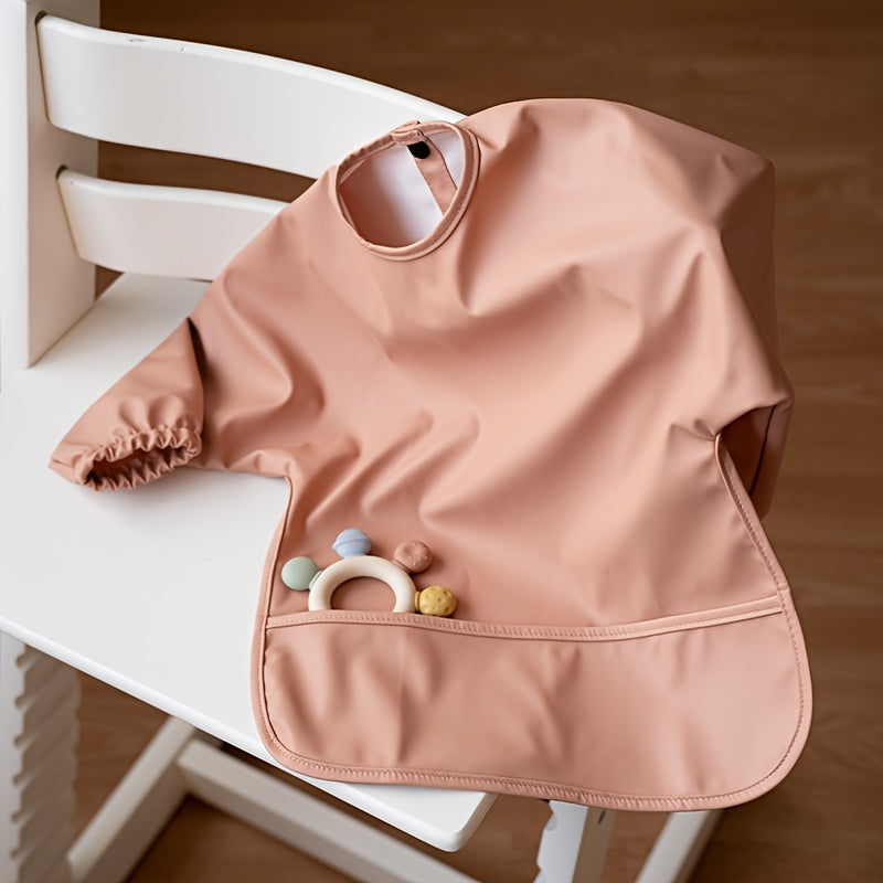 Sleeved Baby Bib with Food Pocket, Wipeable Long Sleeve Feeding Smock with Snap Closure for Babies and Toddlers 6-36 Months at Mealtimes