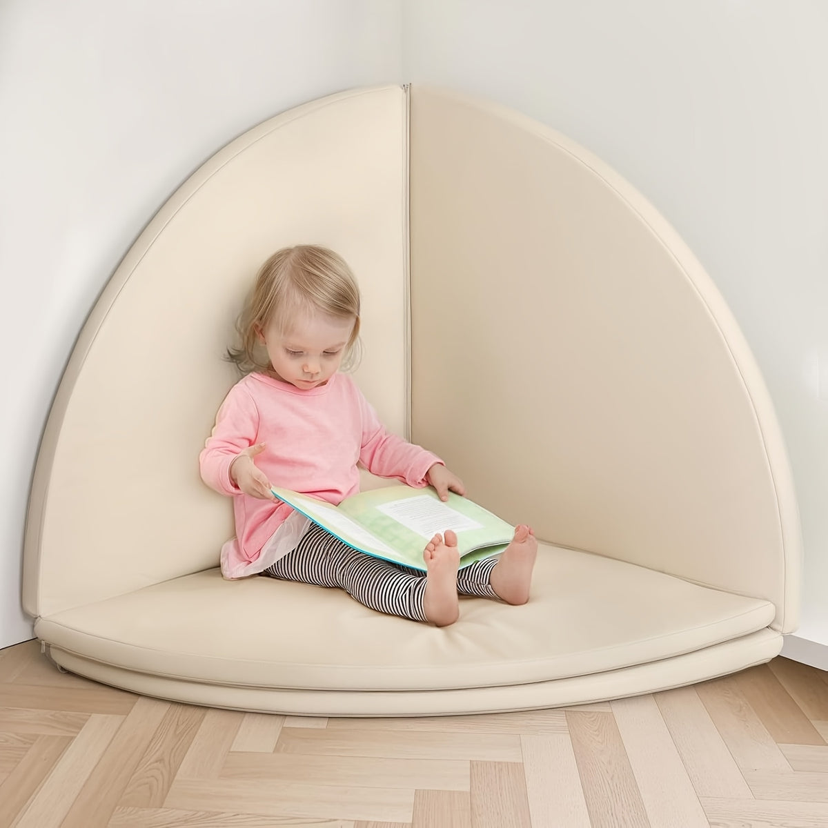 Modular Baby Play Mat in Beige with Four Foldable Foam Sections and Wipe-Clean Vegan Leather Surface for Supervised Floor Play and Nursery Corners