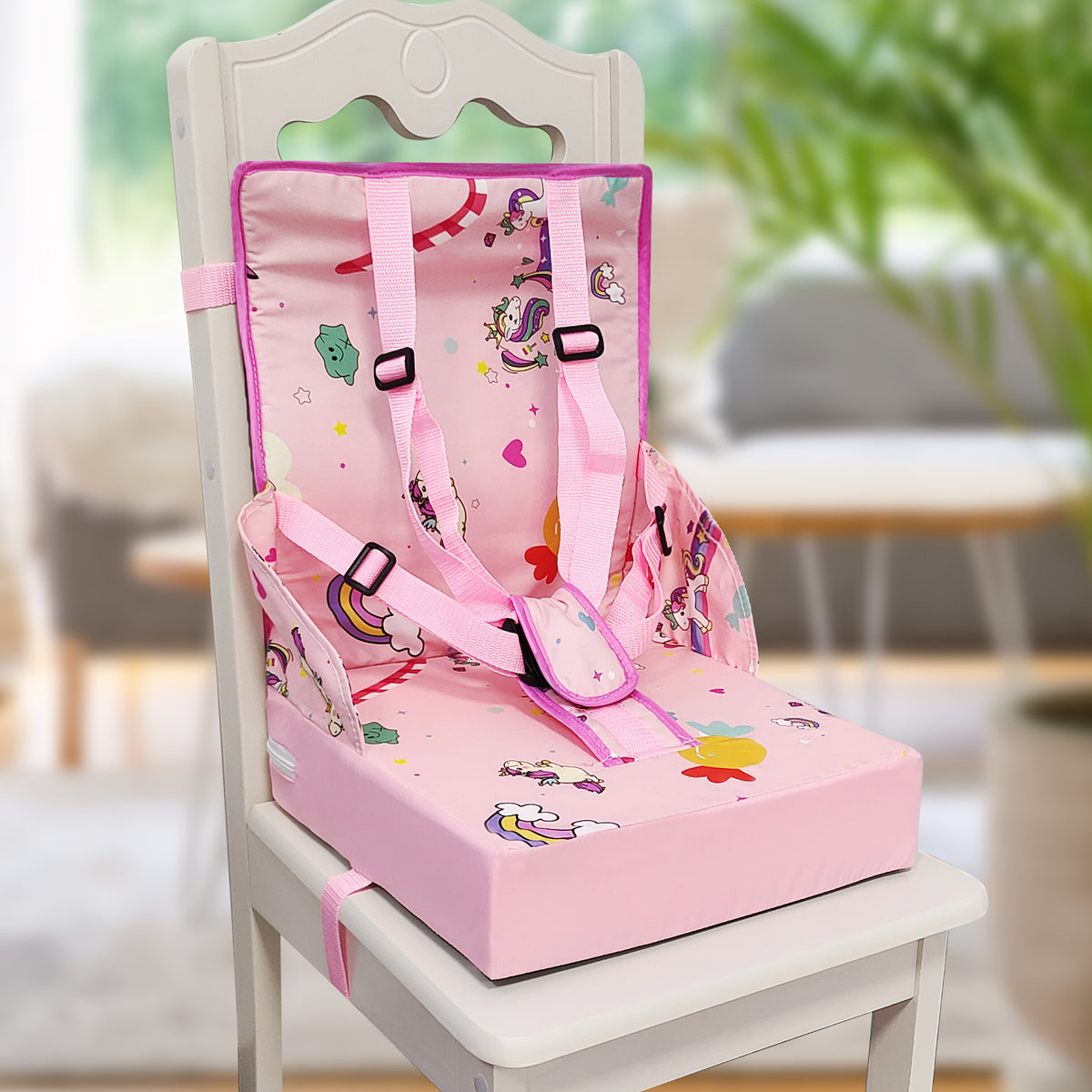Kids Dining Chair Cushion with Backrest and Adjustable Straps, Foldable Oxford Cloth Seat Pad with Removable Washable Cover for Home and Travel
