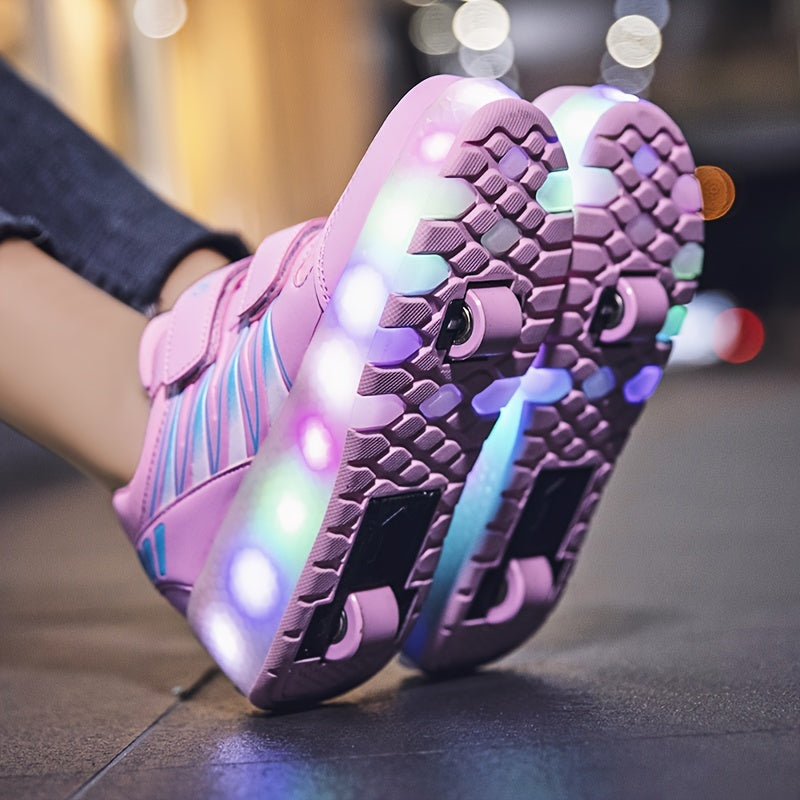 Kids Two-Wheel Roller Shoes with Flashing Lights, Pink Wheeled Sneakers for Boys and Girls in Toddler, Little Kid and Big Kid Sizes